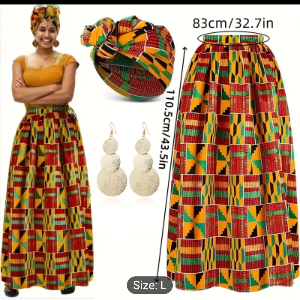 NEW Maxi Skirt, Head Wrap, Earrings Set
